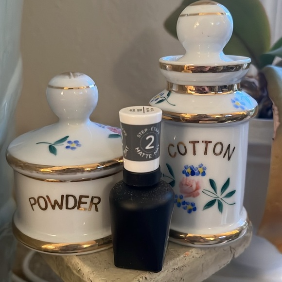 Vintage Apothecary Jars Hand Painted Floral Gold Accent Powder Cotton Containers - Picture 9 of 12
